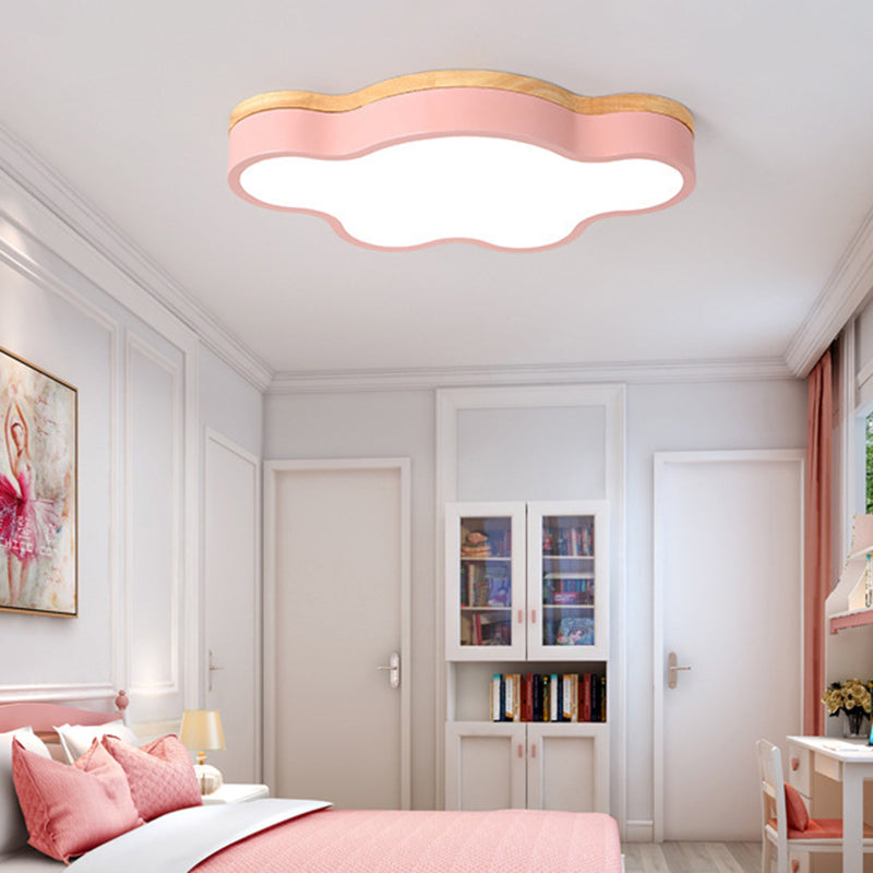 Acrylic Cloud Flush Ceiling Light Fixture Nordic LED Flush Mount Lighting with Metal Shade and Wood Canopy Pink Clearhalo 'Ceiling Lights' 'Close To Ceiling Lights' 'Close to ceiling' 'Flush mount' Lighting' 2553199