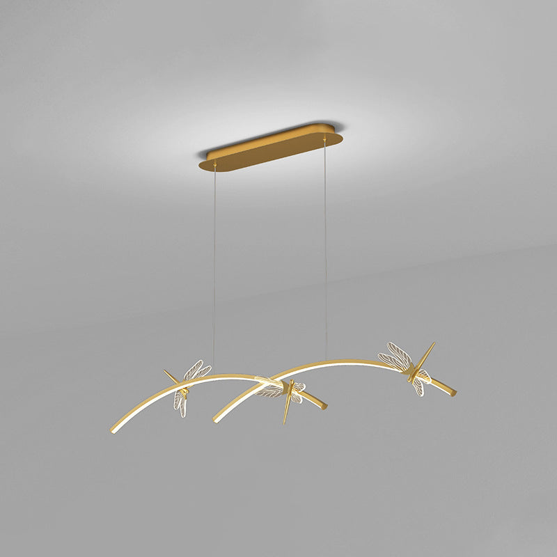 Curve Linear LED Island Pendant Minimalist Metal Restaurant Ceiling Light with Dragonfly Decor Gold 47" Clearhalo 'Ceiling Lights' 'Island Lights' Lighting' 2553264