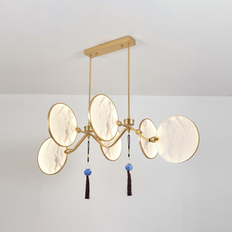 Circular Fan Shaped Island Lamp Modern Acrylic LED Tearoom Suspension Light with Landscape Print 6 Gold Clearhalo 'Ceiling Lights' 'Island Lights' Lighting' 2553292