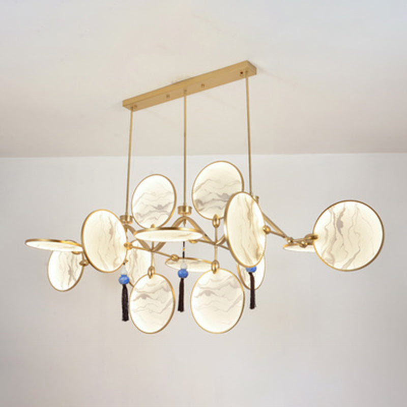 Circular Fan Shaped Island Lamp Modern Acrylic LED Tearoom Suspension Light with Landscape Print 14 Gold Clearhalo 'Ceiling Lights' 'Island Lights' Lighting' 2553295