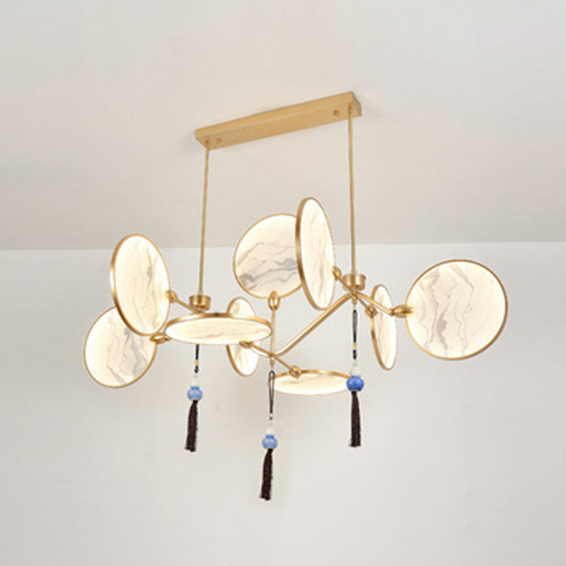 Circular Fan Shaped Island Lamp Modern Acrylic LED Tearoom Suspension Light with Landscape Print 9 Gold Clearhalo 'Ceiling Lights' 'Island Lights' Lighting' 2553303