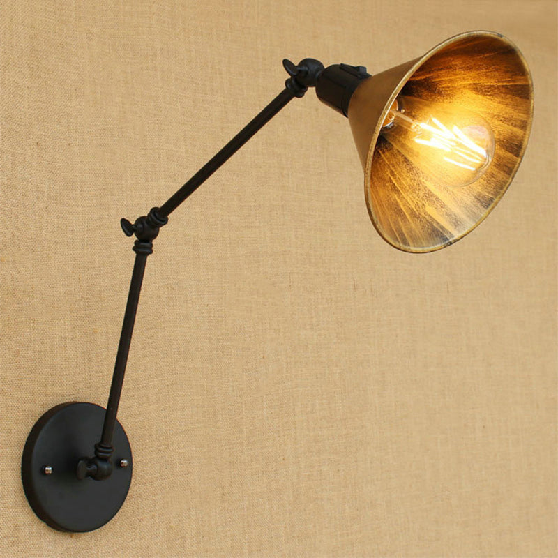 Swing Arm Bedroom Sconce Light Vintage Style Metallic 1 Head Aged Brass Wall Lamp with Cone Shade Clearhalo 'Art deco wall lights' 'Cast Iron' 'Glass' 'Industrial wall lights' 'Industrial' 'Middle century wall lights' 'Modern' 'Rustic wall lights' 'Tiffany' 'Traditional wall lights' 'Wall Lamps & Sconces' 'Wall Lights' Lighting' 255359