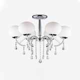 Milky Glass Ball Semi Chandelier Light Traditional 6-Light Chrome Finish Ceiling Lamp with Crystal Droplet Clearhalo 'Ceiling Lights' 'Close To Ceiling Lights' 'Close to ceiling' 'Semi-flushmount' Lighting' 255386