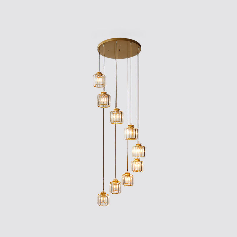 Prismatic Crystal Cylindrical Ceiling Pendant Light Modernism Multiple Hanging Light for Stairway 9 Gold Clearhalo 'Ceiling Lights' 'Modern Pendants' 'Modern' 'Pendant Lights' 'Pendants' Lighting' 2554258