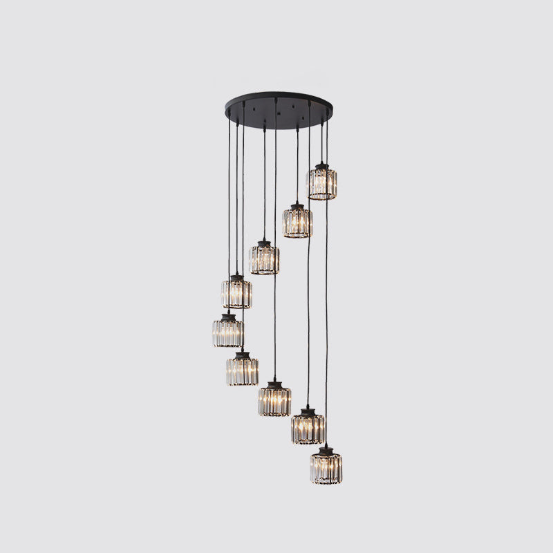 Prismatic Crystal Cylindrical Ceiling Pendant Light Modernism Multiple Hanging Light for Stairway 9 Black Clearhalo 'Ceiling Lights' 'Modern Pendants' 'Modern' 'Pendant Lights' 'Pendants' Lighting' 2554259