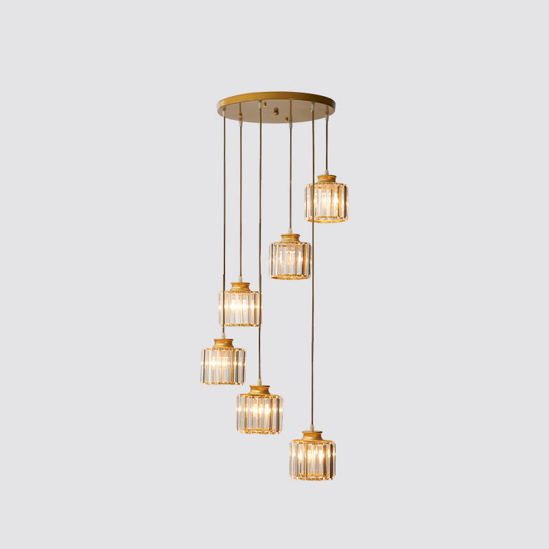 Prismatic Crystal Cylindrical Ceiling Pendant Light Modernism Multiple Hanging Light for Stairway 6 Gold Clearhalo 'Ceiling Lights' 'Modern Pendants' 'Modern' 'Pendant Lights' 'Pendants' Lighting' 2554263
