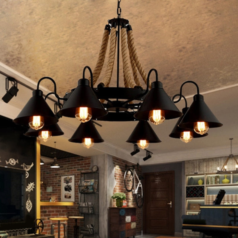 Industrial Art Hanging Chandelier Light with Rope and Cone Metal Shade in Black Clearhalo 'Cast Iron' 'Ceiling Lights' 'Chandeliers' 'Industrial Chandeliers' 'Industrial' 'Metal' 'Middle Century Chandeliers' 'Rustic Chandeliers' 'Tiffany' Lighting' 2554282