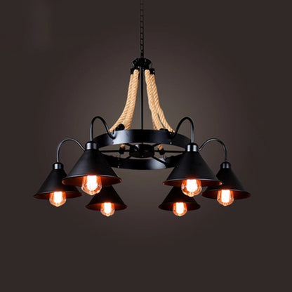 Industrial Art Hanging Chandelier Light with Rope and Cone Metal Shade in Black 6 Black Clearhalo 'Cast Iron' 'Ceiling Lights' 'Chandeliers' 'Industrial Chandeliers' 'Industrial' 'Metal' 'Middle Century Chandeliers' 'Rustic Chandeliers' 'Tiffany' Lighting' 2554283