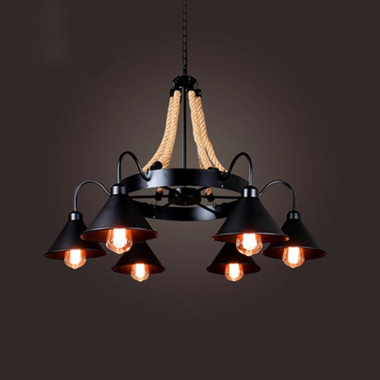Industrial Art Hanging Chandelier Light with Rope and Cone Metal Shade in Black 6 Black Clearhalo 'Cast Iron' 'Ceiling Lights' 'Chandeliers' 'Industrial Chandeliers' 'Industrial' 'Metal' 'Middle Century Chandeliers' 'Rustic Chandeliers' 'Tiffany' Lighting' 2554283