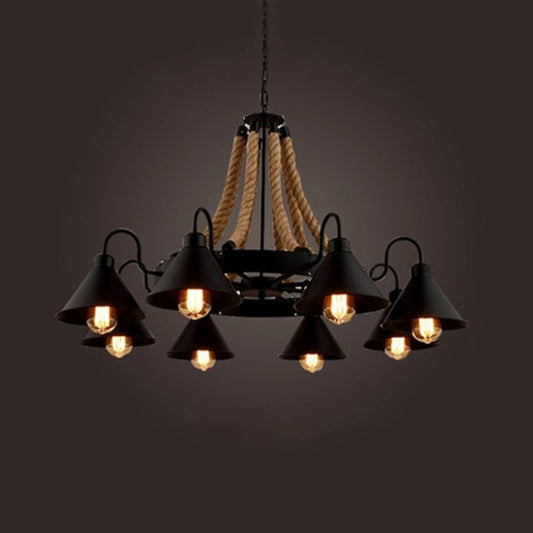 Industrial Art Hanging Chandelier Light with Rope and Cone Metal Shade in Black 8 Black Clearhalo 'Cast Iron' 'Ceiling Lights' 'Chandeliers' 'Industrial Chandeliers' 'Industrial' 'Metal' 'Middle Century Chandeliers' 'Rustic Chandeliers' 'Tiffany' Lighting' 2554284