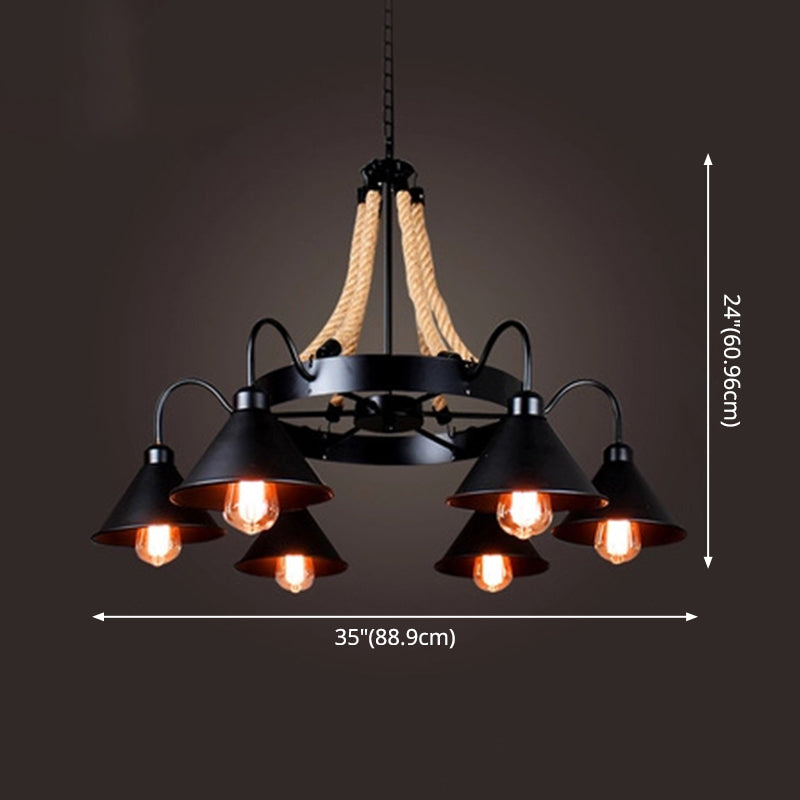 Industrial Art Hanging Chandelier Light with Rope and Cone Metal Shade in Black Clearhalo 'Cast Iron' 'Ceiling Lights' 'Chandeliers' 'Industrial Chandeliers' 'Industrial' 'Metal' 'Middle Century Chandeliers' 'Rustic Chandeliers' 'Tiffany' Lighting' 2554288