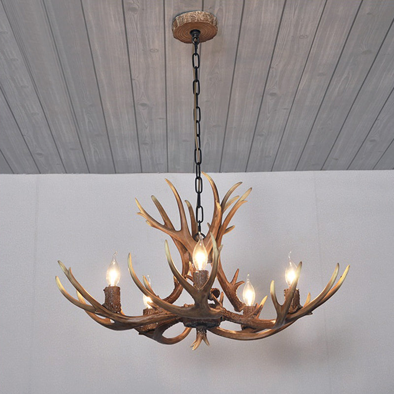 5 Lights Resin Chandelier Lamp Classic White/Brown and Yellow Antler Dining Room Hanging Ceiling Light with/without Shade Clearhalo 'Ceiling Lights' 'Chandeliers' Lighting' options 255464
