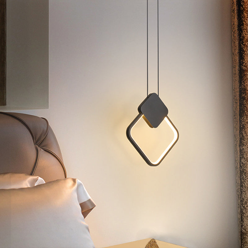 Modern Black LED Ceiling Pendant Bedroom Mini Metal Ring Bedside Lamps Black Warm Rhombus Clearhalo 'Ceiling Lights' 'Modern Pendants' 'Modern' 'Pendant Lights' 'Pendants' Lighting' 2554703