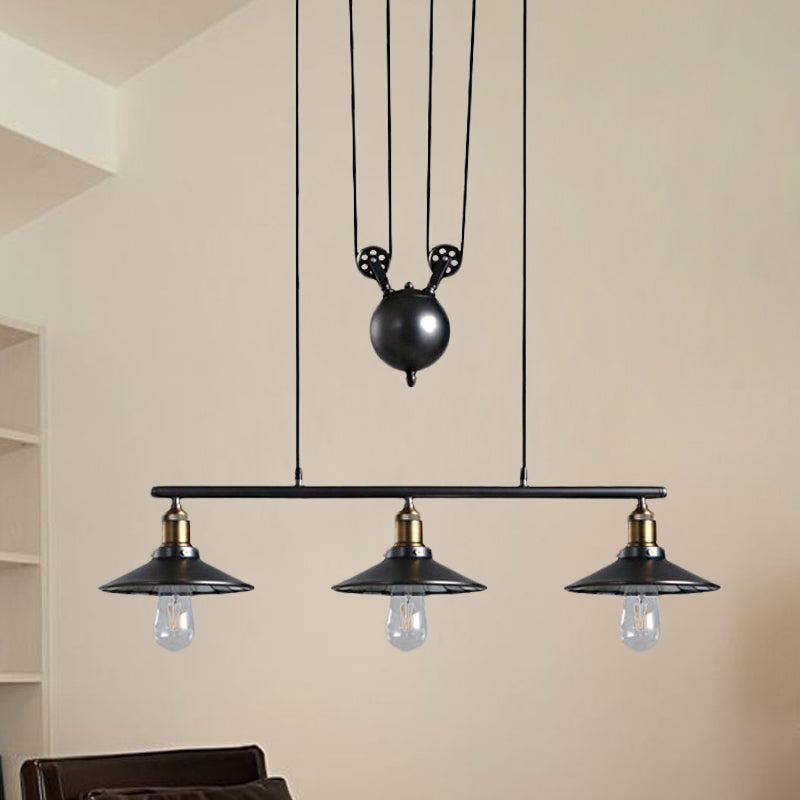 Saucer Foyer Island Lighting Industrial Style Metal 3 Lights Black Hanging Ceiling Light with Pulley Clearhalo 'Ceiling Lights' 'Island Lights' Lighting' 255478