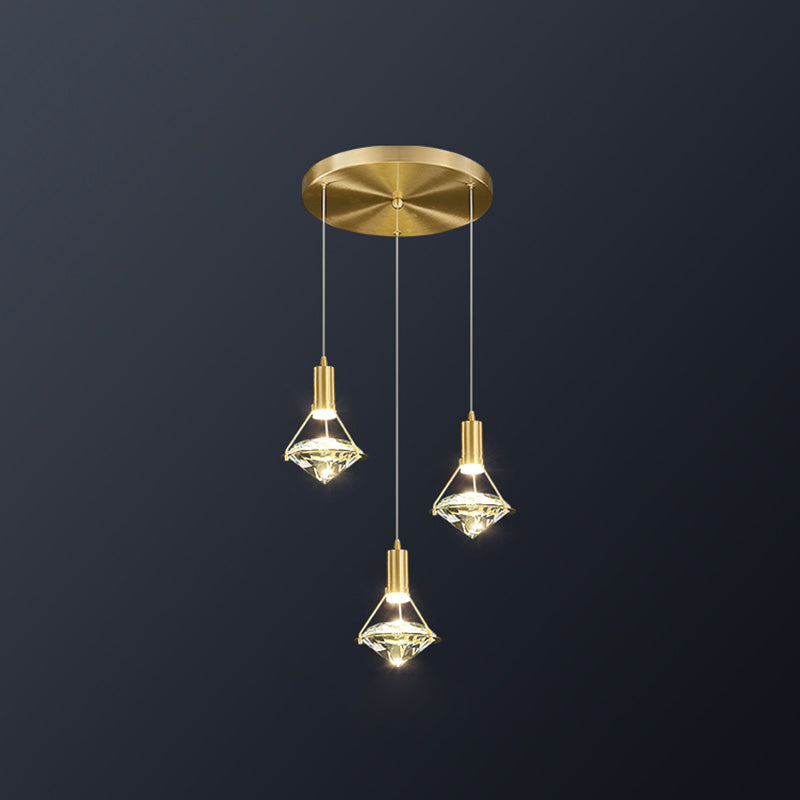 Modern Brass Crystal Pendant Light Diamond Crystal LED Bedroom Ceiling Lights 3 Brass Clearhalo 'Ceiling Lights' 'Modern Pendants' 'Modern' 'Pendant Lights' 'Pendants' Lighting' 2554797