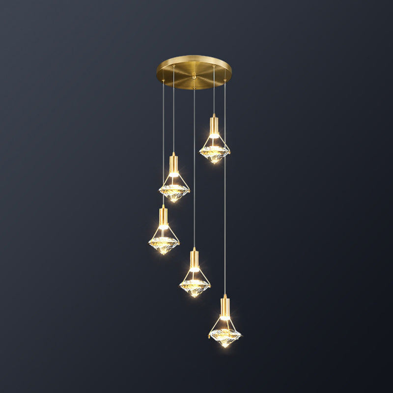 Modern Brass Crystal Pendant Light Diamond Crystal LED Bedroom Ceiling Lights 5 Brass Clearhalo 'Ceiling Lights' 'Modern Pendants' 'Modern' 'Pendant Lights' 'Pendants' Lighting' 2554798