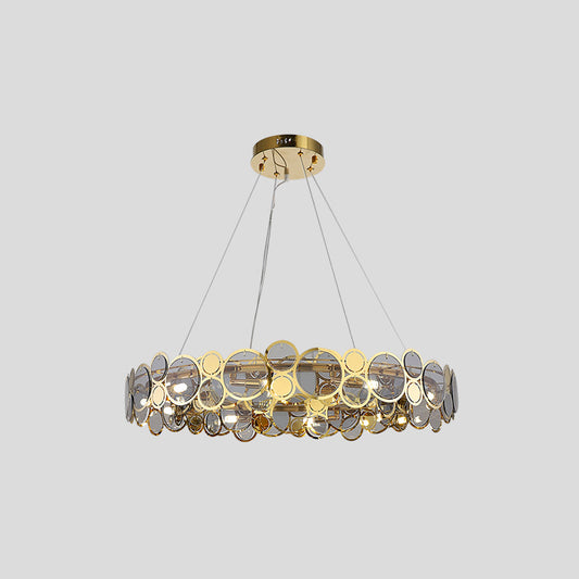 Large Crystal Bedroom Pendant Ceiling Lights Brass Finish Metal Light Fixture with Glass Shade Brass 21" Smoke Grey