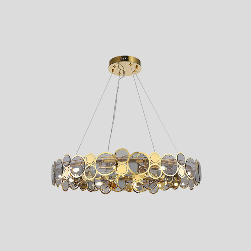 Large Crystal Bedroom Pendant Ceiling Lights Brass Finish Metal Light Fixture with Glass Shade Brass 28.5" Smoke Grey Clearhalo 'Ceiling Lights' 'Glass shade' 'Glass' 'Modern Pendants' 'Modern' 'Pendant Lights' 'Pendants' Lighting' 2554844