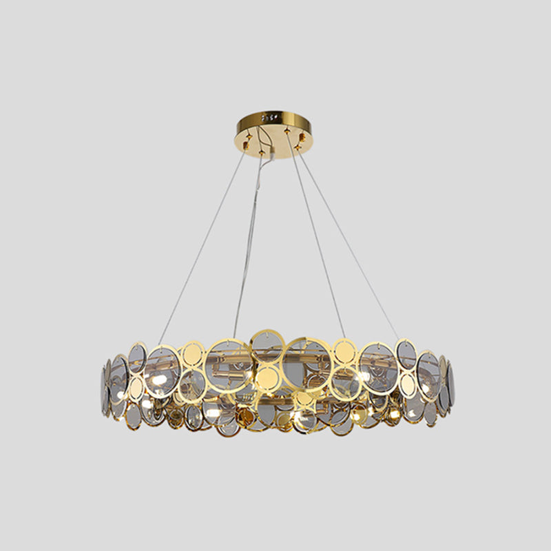 Large Crystal Bedroom Pendant Ceiling Lights Brass Finish Metal Light Fixture with Glass Shade Brass 35.5" Smoke Grey Clearhalo 'Ceiling Lights' 'Glass shade' 'Glass' 'Modern Pendants' 'Modern' 'Pendant Lights' 'Pendants' Lighting' 2554845