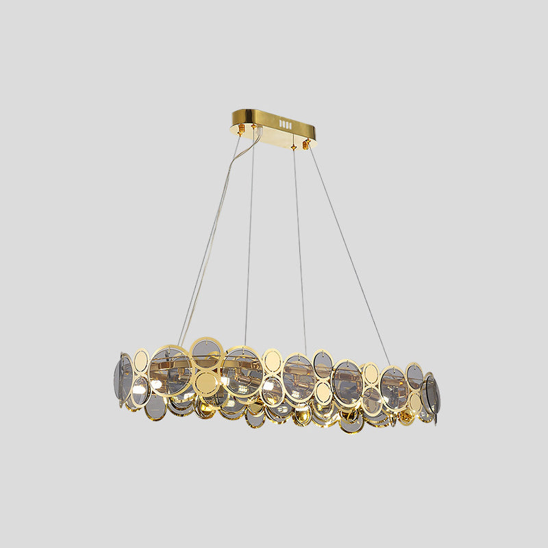 Large Crystal Bedroom Pendant Ceiling Lights Brass Finish Metal Light Fixture with Glass Shade Brass 36.5" Smoke Grey Clearhalo 'Ceiling Lights' 'Glass shade' 'Glass' 'Modern Pendants' 'Modern' 'Pendant Lights' 'Pendants' Lighting' 2554846