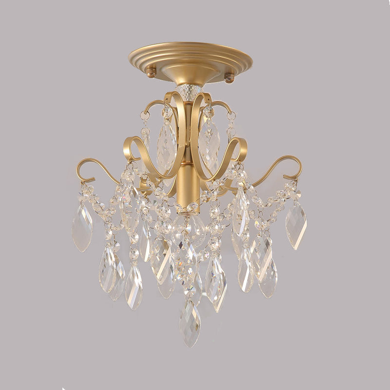 Bent Armed Golden Semi Flush Mount Light Metallic 1 Light Traditional Ceiling Light Fixture with Crystal Droplet Clearhalo 'Ceiling Lights' 'Close To Ceiling Lights' 'Close to ceiling' 'Semi-flushmount' Lighting' 255494