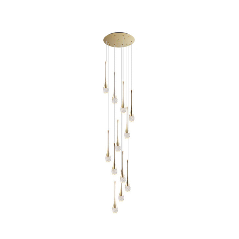 Modern Brass Crystal Hanging Light Long LED Cone Cascade Pendant Lights for Stairwell 12 Brass Clearhalo 'Ceiling Lights' 'Modern Pendants' 'Modern' 'Pendant Lights' 'Pendants' Lighting' 2554972