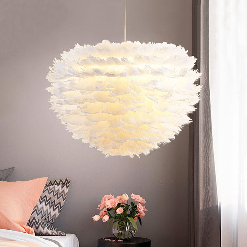 Contemporary Globe Feather Chandelier Lamp Modern White Hand-Woven Feathers Hanging Pendant Light for Bedroom Clearhalo 'Ceiling Lights' 'Chandeliers' 'Modern Chandeliers' 'Modern' Lighting' 2555067
