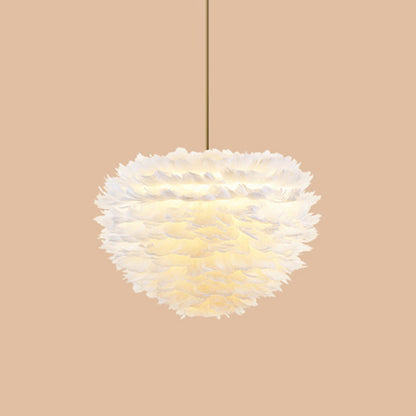 Contemporary Globe Feather Chandelier Lamp Modern White Hand-Woven Feathers Hanging Pendant Light for Bedroom 1 White Clearhalo 'Ceiling Lights' 'Chandeliers' 'Modern Chandeliers' 'Modern' Lighting' 2555068