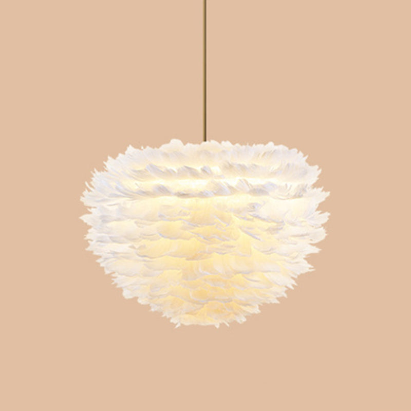 Contemporary Globe Feather Chandelier Lamp Modern White Hand-Woven Feathers Hanging Pendant Light for Bedroom 5 White Clearhalo 'Ceiling Lights' 'Chandeliers' 'Modern Chandeliers' 'Modern' Lighting' 2555071