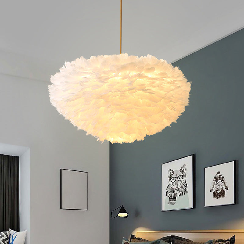 Contemporary Globe Feather Chandelier Lamp Modern White Hand-Woven Feathers Hanging Pendant Light for Bedroom Clearhalo 'Ceiling Lights' 'Chandeliers' 'Modern Chandeliers' 'Modern' Lighting' 2555072