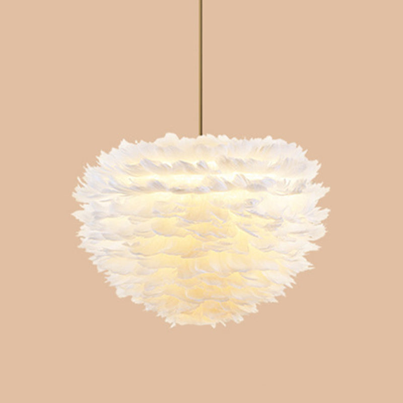 Contemporary Globe Feather Chandelier Lamp Modern White Hand-Woven Feathers Hanging Pendant Light for Bedroom 7 White Clearhalo 'Ceiling Lights' 'Chandeliers' 'Modern Chandeliers' 'Modern' Lighting' 2555073