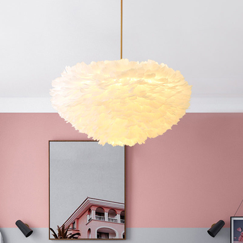 Contemporary Globe Feather Chandelier Lamp Modern White Hand-Woven Feathers Hanging Pendant Light for Bedroom Clearhalo 'Ceiling Lights' 'Chandeliers' 'Modern Chandeliers' 'Modern' Lighting' 2555074