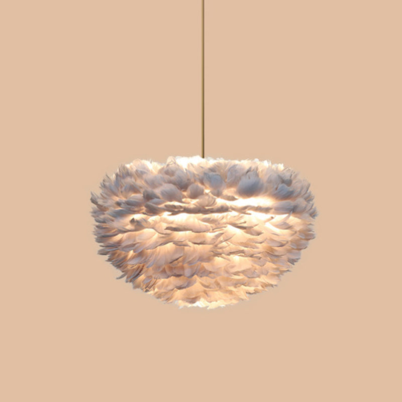 Contemporary Globe Feather Chandelier Lamp Modern White Hand-Woven Feathers Hanging Pendant Light for Bedroom 1 Grey Clearhalo 'Ceiling Lights' 'Chandeliers' 'Modern Chandeliers' 'Modern' Lighting' 2555075