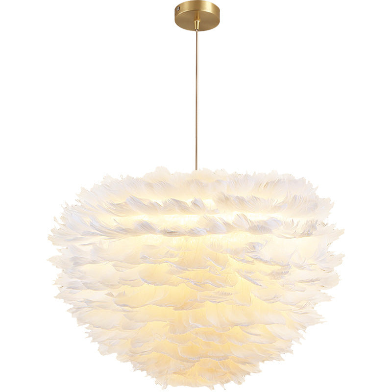 Contemporary Globe Feather Chandelier Lamp Modern White Hand-Woven Feathers Hanging Pendant Light for Bedroom Clearhalo 'Ceiling Lights' 'Chandeliers' 'Modern Chandeliers' 'Modern' Lighting' 2555076