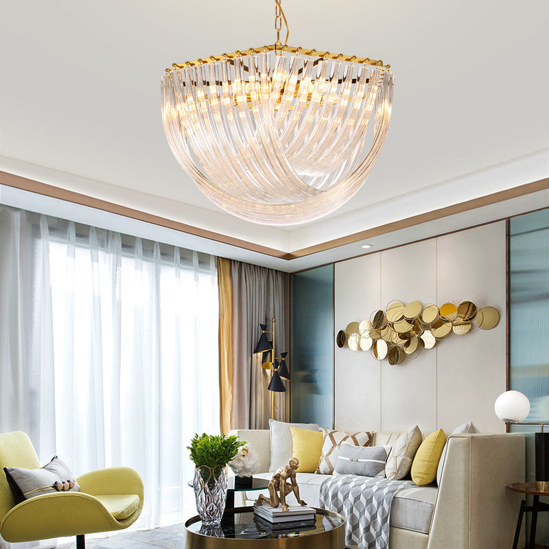 Transparent Glass Tiered Tassel Chandelier Modern Crystal Style Living Room Hanging Pendant Lights with Golden Light Holder Clearhalo 'Ceiling Lights' 'Chandeliers' 'Modern Chandeliers' 'Modern' Lighting' 2555127