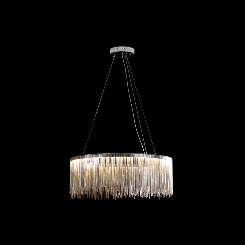 Circular Metal Tassel Chain Chandelier Lamp Postmodern Style Living Room Pendant Lighting Fixture with 3-Colored SMD LED Silver 19.5" Clearhalo 'Ceiling Lights' 'Chandeliers' 'Modern Chandeliers' 'Modern' Lighting' 2555132