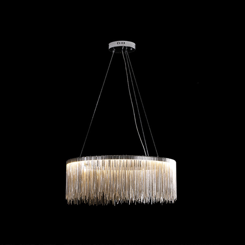 Circular Metal Tassel Chain Chandelier Lamp Postmodern Style Living Room Pendant Lighting Fixture with 3-Colored SMD LED Silver 23.5" Clearhalo 'Ceiling Lights' 'Chandeliers' 'Modern Chandeliers' 'Modern' Lighting' 2555133