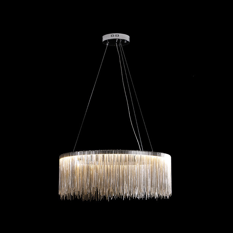 Circular Metal Tassel Chain Chandelier Lamp Postmodern Style Living Room Pendant Lighting Fixture with 3-Colored SMD LED Silver 31.5" Clearhalo 'Ceiling Lights' 'Chandeliers' 'Modern Chandeliers' 'Modern' Lighting' 2555135