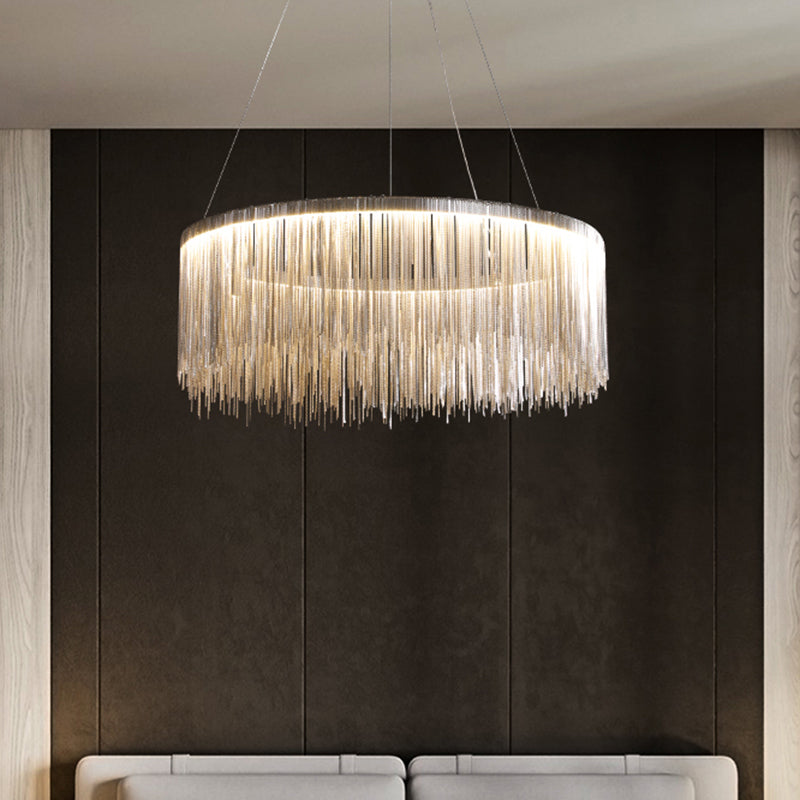 Circular Metal Tassel Chain Chandelier Lamp Postmodern Style Living Room Pendant Lighting Fixture with 3-Colored SMD LED Clearhalo 'Ceiling Lights' 'Chandeliers' 'Modern Chandeliers' 'Modern' Lighting' 2555141