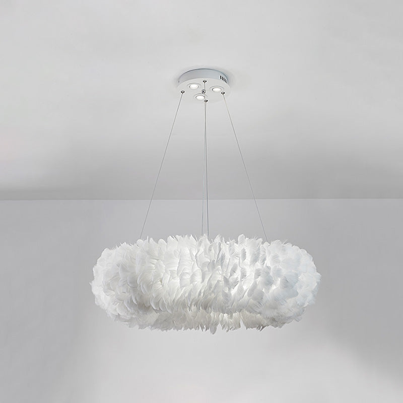 White Doughnut Shape Feather Chandelier Light Modern Style Hanging Pendant Lamp for Bedroom White 19.5" Clearhalo 'Ceiling Lights' 'Chandeliers' 'Modern Chandeliers' 'Modern' Lighting' 2555221