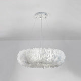 White Doughnut Shape Feather Chandelier Light Modern Style Hanging Pendant Lamp for Bedroom White 24" Clearhalo 'Ceiling Lights' 'Chandeliers' 'Modern Chandeliers' 'Modern' Lighting' 2555223
