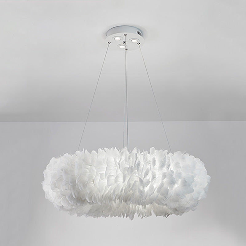 White Doughnut Shape Feather Chandelier Light Modern Style Hanging Pendant Lamp for Bedroom White 31.5" Clearhalo 'Ceiling Lights' 'Chandeliers' 'Modern Chandeliers' 'Modern' Lighting' 2555229