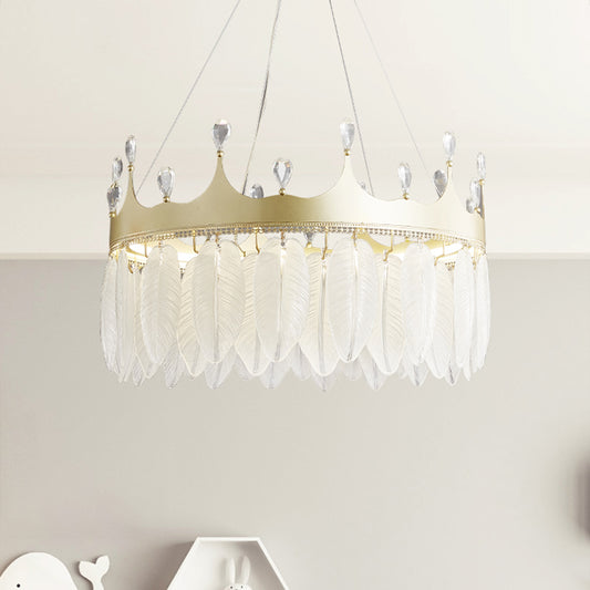 3-Colored LED Crystal Feather Chandelier Lamp Crown Shape Modern Crystal Hanging Chandelier with Clear Glass Feather Lamp Shade Clearhalo 'Ceiling Lights' 'Chandeliers' 'Modern Chandeliers' 'Modern' Lighting' 2555233