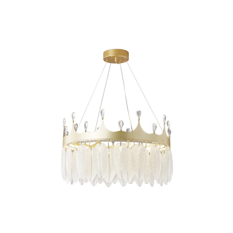 3-Colored LED Crystal Feather Chandelier Lamp Crown Shape Modern Crystal Hanging Chandelier with Clear Glass Feather Lamp Shade Gold 18" Clearhalo 'Ceiling Lights' 'Chandeliers' 'Modern Chandeliers' 'Modern' Lighting' 2555234