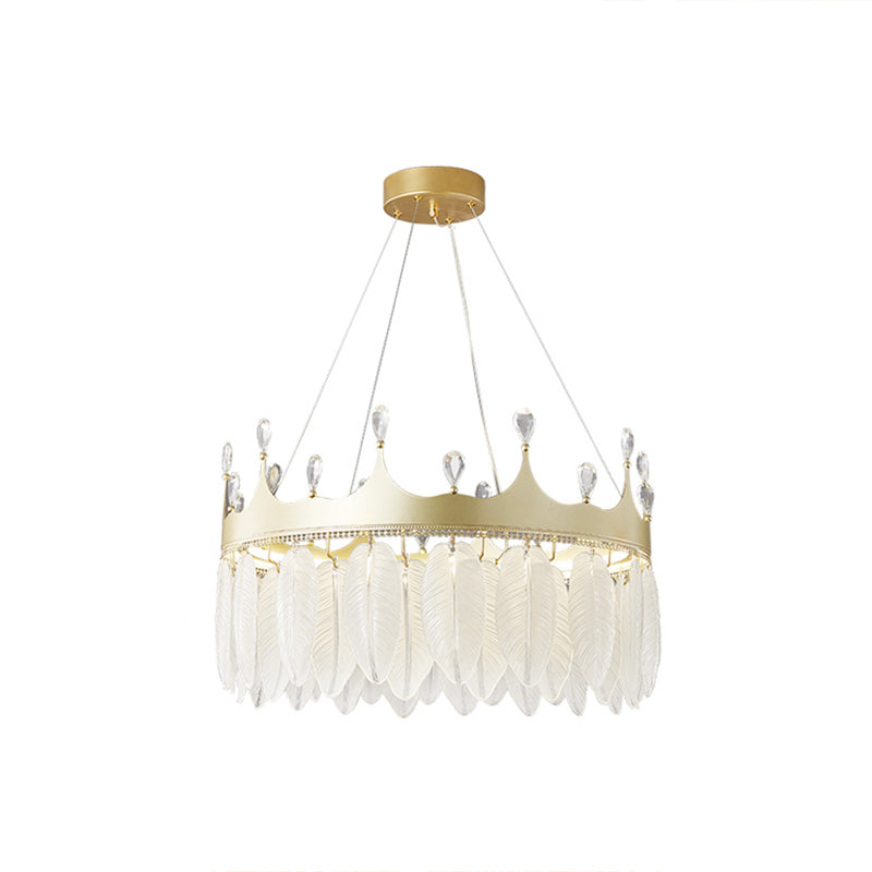 3-Colored LED Crystal Feather Chandelier Lamp Crown Shape Modern Crystal Hanging Chandelier with Clear Glass Feather Lamp Shade Gold 23.5" Clearhalo 'Ceiling Lights' 'Chandeliers' 'Modern Chandeliers' 'Modern' Lighting' 2555235