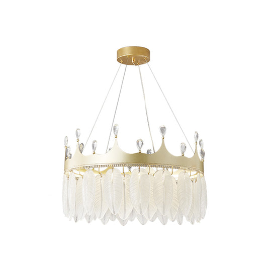 3-Colored LED Crystal Feather Chandelier Lamp Crown Shape Modern Crystal Hanging Chandelier with Clear Glass Feather Lamp Shade Gold 30.5" Clearhalo 'Ceiling Lights' 'Chandeliers' 'Modern Chandeliers' 'Modern' Lighting' 2555236