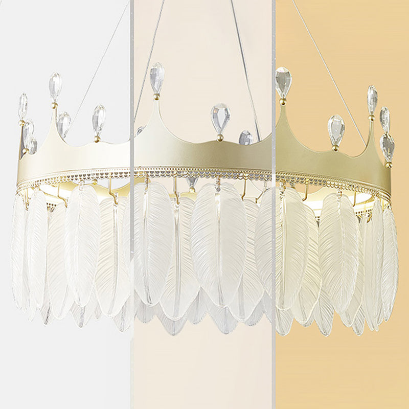 3-Colored LED Crystal Feather Chandelier Lamp Crown Shape Modern Crystal Hanging Chandelier with Clear Glass Feather Lamp Shade Clearhalo 'Ceiling Lights' 'Chandeliers' 'Modern Chandeliers' 'Modern' Lighting' 2555238