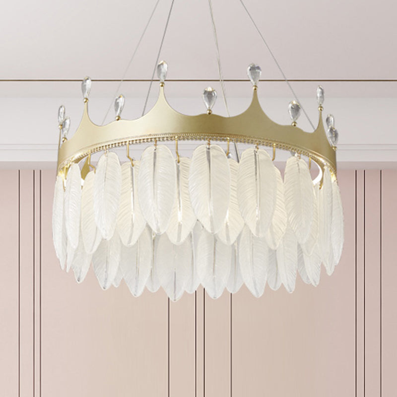 3-Colored LED Crystal Feather Chandelier Lamp Crown Shape Modern Crystal Hanging Chandelier with Clear Glass Feather Lamp Shade Clearhalo 'Ceiling Lights' 'Chandeliers' 'Modern Chandeliers' 'Modern' Lighting' 2555239