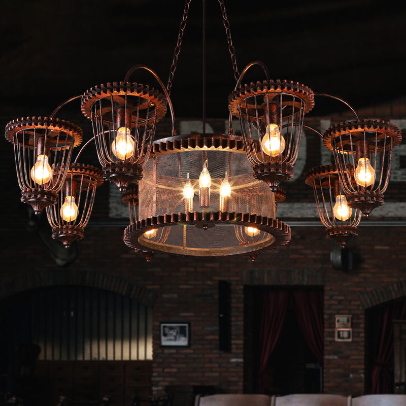 Wrought Iron Large Cage Chandelier Industrial Style Hanging Pendant Light Fixtures in Rust Finish Clearhalo 'Cast Iron' 'Ceiling Lights' 'Chandeliers' 'Industrial Chandeliers' 'Industrial' 'Metal' 'Middle Century Chandeliers' 'Rustic Chandeliers' 'Tiffany' Lighting' 2555287