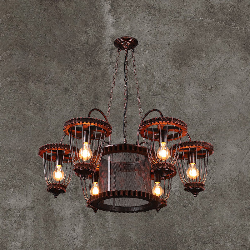 Wrought Iron Large Cage Chandelier Industrial Style Hanging Pendant Light Fixtures in Rust Finish 6 Rust Clearhalo 'Cast Iron' 'Ceiling Lights' 'Chandeliers' 'Industrial Chandeliers' 'Industrial' 'Metal' 'Middle Century Chandeliers' 'Rustic Chandeliers' 'Tiffany' Lighting' 2555288